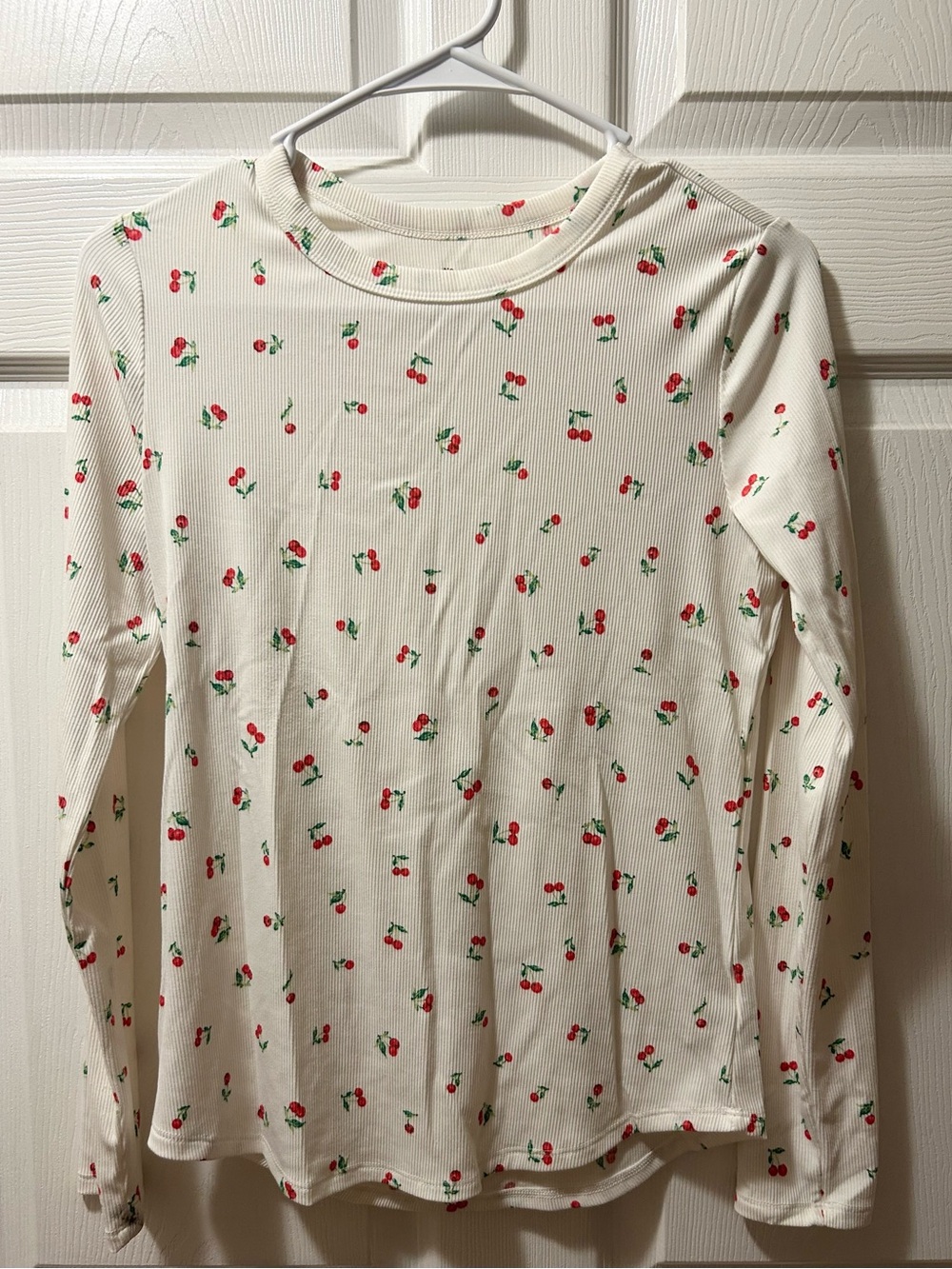 No Boundaries Cream Long-Sleeve womens Top with Cherry Print size M (8-10)